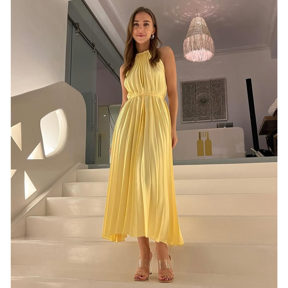 Mango NWT Butter Yellow Pleated Halter Midi Dress 8 - Picture 14 of 16